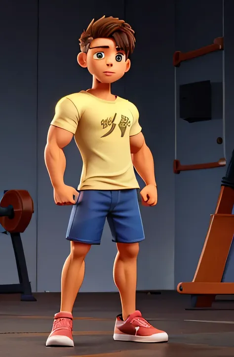 beginner bodybuilder. characteristics: thin, wearing a loose t-shirt and shorts, with a lively and enthusiastic appearance