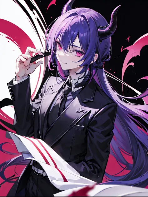 A handsome man, demon, butler, control blood, smiling, black suit, white shirt, black necktie, magenta eyes color, dark blue hair color, demon horns, demon tails, demon wing, blood rose, 27 year old