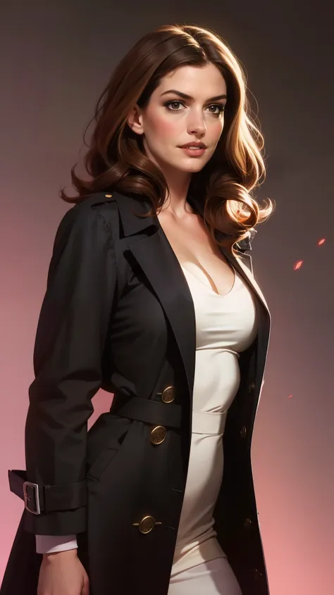 a sexy girl, black trench coat, cleavage, glowing purple aura, dramatic lighting, dark and stormy background, high detail, digit...