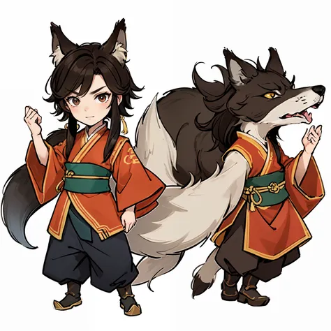 qgufeng，wolf，chinese style，white background,full body, chibi