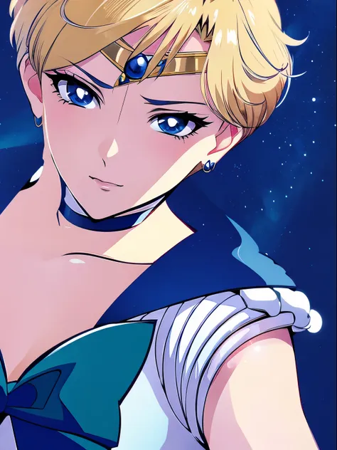 sailor uranus, 1 girl, blonde hair, short hair, blue eyes, detailed eyes, simple background, female focus, alone, standing, haru...