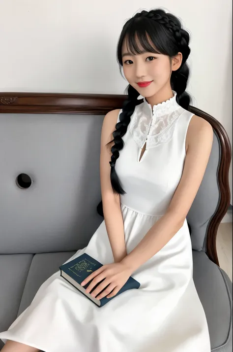 1girl, solo, long hair, looking at viewer, smile, bangs, black hair, dress, holding, sitting, braid, sleeveless, indoors, white ...