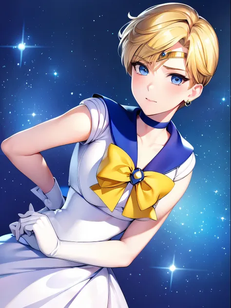 sailor uranus, 1 girl, blonde hair, short hair, blue eyes, detailed eyes, simple background, female focus, alone, standing, haru...