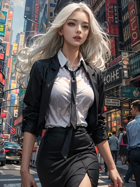 (Woman walking through the streets of New York),Photorealistic, High resolution, 1 Women, solo, hips up high, Beautiful eyes, Close lips, Detailed face, White hair, Long hair, Collared shirt, black necktie,Black skirt, pencil skirts,  Black stockings