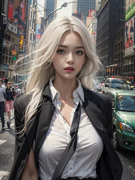 (Woman walking through the streets of New York),Photorealistic, High resolution, 1 Women, solo, hips up high, Beautiful eyes, Close lips, Detailed face, White hair, Long hair, Collared shirt, black necktie,Black skirt, pencil skirts,  Black stockings