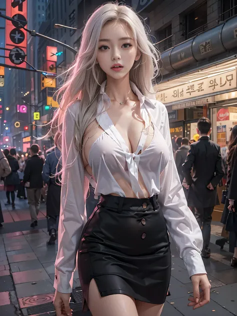 （Woman walking through the streets of New York)、（Walking briskly),Photorealistic, High resolution, 1 Women, solo, hips up high, Beautiful eyes, Close lips, Detailed face, White hair, Long hair, Collared shirt, black necktie,Black skirt, pencil skirts,In un...