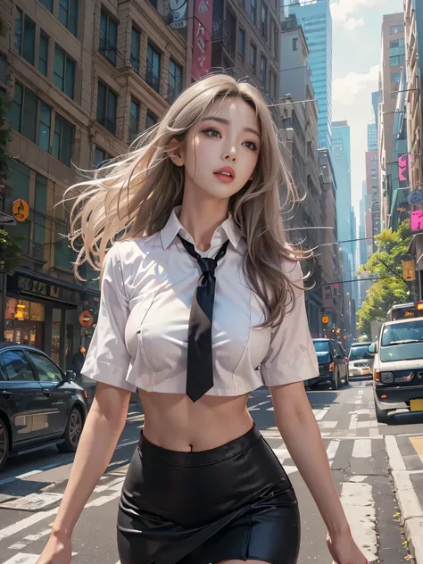 （Woman walking through the streets of New York)、（Walking briskly),Photorealistic, High resolution, 1 Women, solo, hips up high, Beautiful eyes, Close lips, Detailed face, White hair, Long hair, Collared shirt, black necktie,Black skirt, pencil skirts,In un...