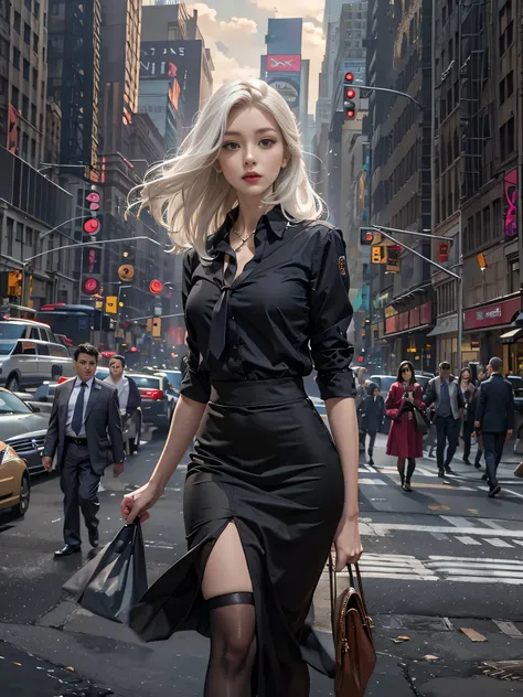 (Woman walking through the streets of New York),Photorealistic, High resolution, 1 Women, solo, hips up high, Beautiful eyes, Close lips, Detailed face, White hair, Long hair, Collared shirt, black necktie,Black skirt, pencil skirts, Black stockings