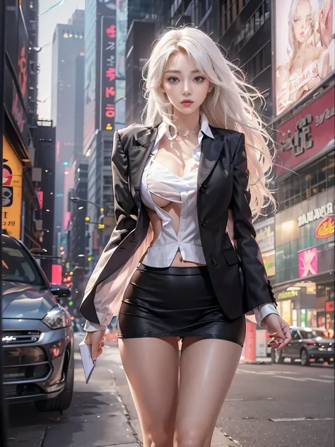 （Woman walking through the streets of New York)、（Walking briskly),Photorealistic, High resolution, 1 Women, solo, hips up high, Beautiful eyes, Close lips, Detailed face, White hair, Long hair, Collared shirt, black necktie,Black skirt, pencil skirts,In un...