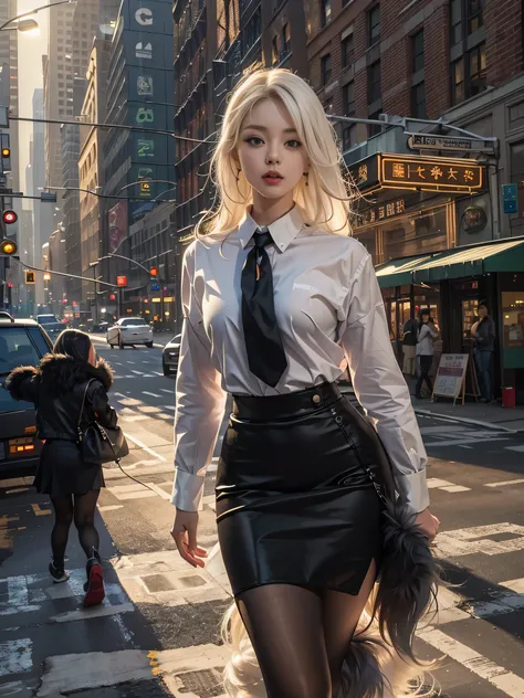 (Woman walking through the streets of New York),Photorealistic, High resolution, 1 Women, solo, hips up high, Beautiful eyes, Close lips, Detailed face, White hair, Long hair, Collared shirt, black necktie,Black skirt, pencil skirts, Fur coat, Black stocki...