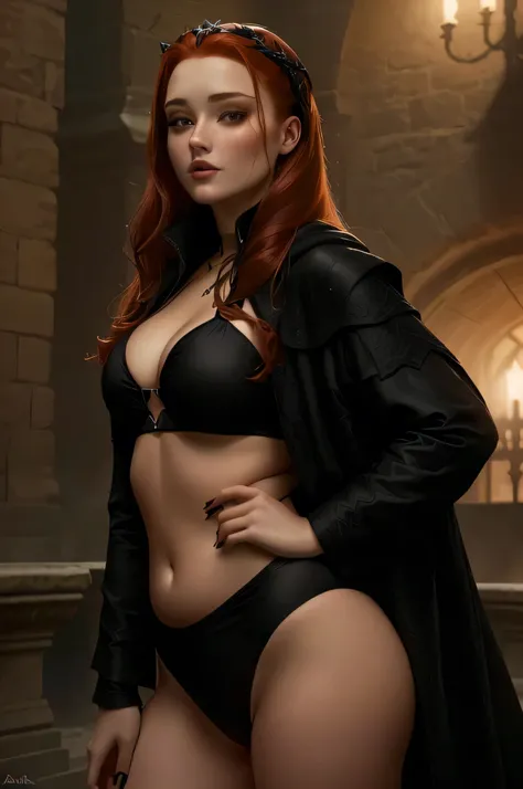 Arafed woman in black bikini and black coat posing for a photo, film goddess body shot, Powerful plump sorceress, Redhead Templar Woman, Sensual body with sexy belly, Attractive young woman, seductive plus size model, woman in black robe, Sansa Stark, cine...