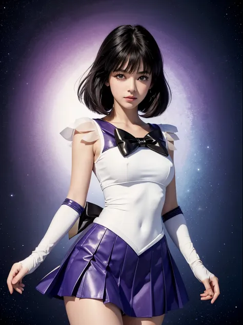 sailor saturn, 1 girl, black hair, short hair, purple eyes, detailed eyes, simple background, female focus, alone, standing, hot...