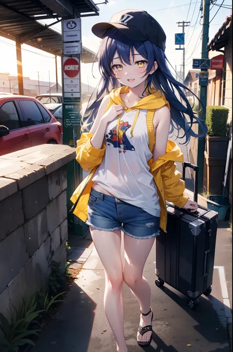  Umi Sonoda, Long Hair, Blue Hair, (Yellow Eyes:1.5) (Flat Chest:1.2),happy smile, smile, Open your mouth,Baseball hats,Sleeveless blue hoodie,Open front,White Tank Top,Shorts,Sandals,Push-type suitcase,Walking,Daytime,Clear skies,True Summer,whole bodyがイラ...