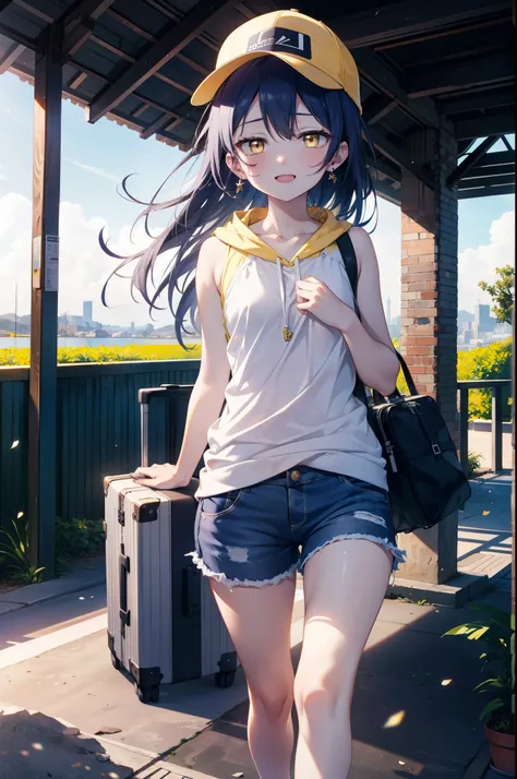  Umi Sonoda, Long Hair, Blue Hair, (Yellow Eyes:1.5) (Flat Chest:1.2),happy smile, smile, Open your mouth,Baseball hats,Sleeveless blue hoodie,Open front,White Tank Top,Shorts,Sandals,Push-type suitcase,Walking,Daytime,Clear skies,True Summer,whole bodyがイラ...