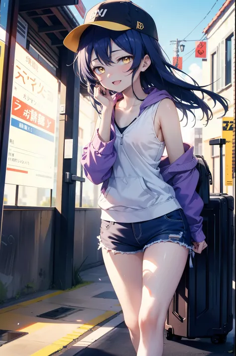  Umi Sonoda, Long Hair, Blue Hair, (Yellow Eyes:1.5) (Flat Chest:1.2),happy smile, smile, Open your mouth,Baseball hats,Sleeveless blue hoodie,Open front,White Tank Top,Shorts,Sandals,Push-type suitcase,Walking,Daytime,Clear skies,True Summer,whole bodyがイラ...