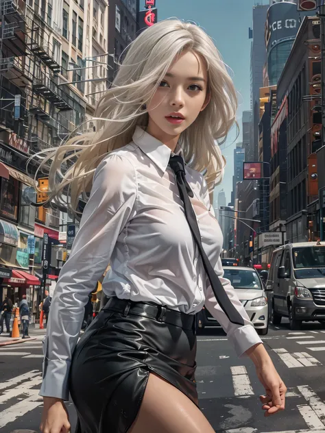 (Woman walking through the streets of New York),Photorealistic, High resolution, 1 Women, solo, hips up high, Beautiful eyes, Close lips, Detailed face, White hair, Long hair, Collared shirt, black necktie,Black skirt, pencil skirts, Black stockings