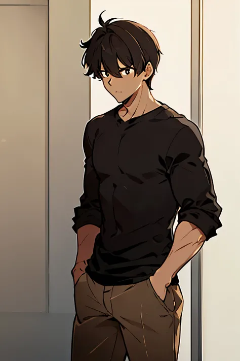 A brown-skinned boy, a black shirt with sleeves, hands in pockets, shors branco, Messy hair, eyes browns 