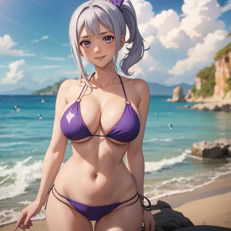 Women. 30 years old mature face, long silver hair ponytail, silver eyes, happy smile, big breasts, blush.  silver bikini, is in front of the viewer, whole body, background a sunny beach. drops of water on his chest. purple ribbon on her head. 1 sola Women ...