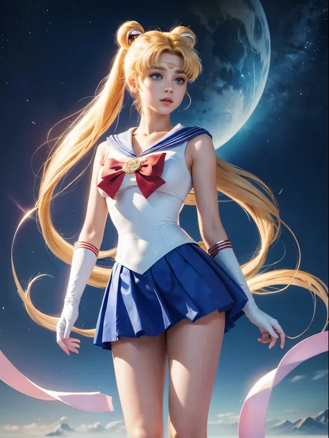 sailor moon, 1 girl, blonde hair, long hair, blue eyes, detailed eyes, simple background, female focus, alone, standing, usagi t...