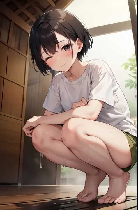 Inside the temple,smile,Squat,Close ~ eyes,1 ,short hair,Black Hair,blush,White T-shirt,Olive green shorts,barefoot,White skin,summer,From below,shy,Sweat,Open your mouth,Wet,Open your mouth,