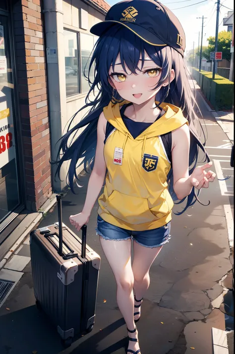  Umi Sonoda, Long Hair, Blue Hair, (Yellow Eyes:1.5) (Flat Chest:1.2),happy smile, smile, Open your mouth,Baseball hats,Sleeveless blue hoodie,Shorts,Sandals,Push-type suitcase,Walking,Daytime,Clear skies,True Summer,whole bodyがイラストに入るように,
break looking at...