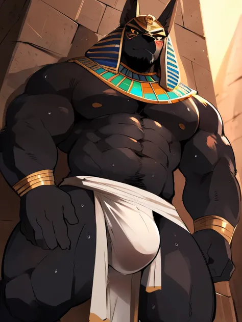 Muscular, male, furry, fluffy, Covered scars, bare chest, hot, (wet and sweaty: 1.3), abs, wide body, egyptian jewelry, egyptian armor, Looking at viewers, thick beard , (bara pecs: 1.1), anthro jackal, anubis mask, blushing, black body, black furr chest, ...