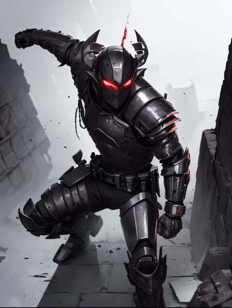 A handsome man, demon, alot of blood going around the place, Chain with darkness, Black smoke covered the ruined broken down place, black cyborg full body armour, small drone flying around the armour, deadly fist glove armour weapon.