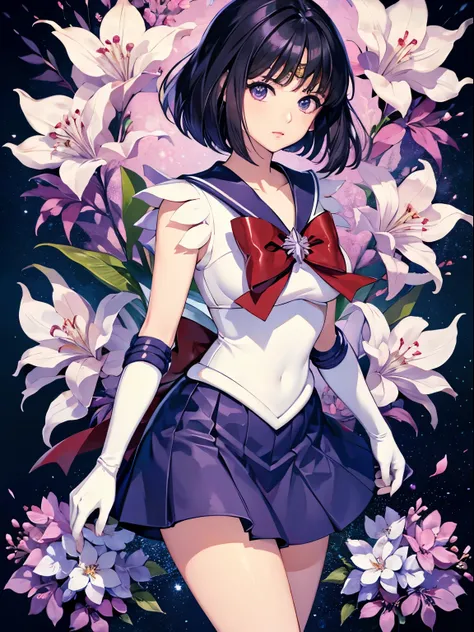 sailor saturn, 1 girl, black hair, short hair, purple eyes, detailed eyes, simple background, female focus, alone, standing, hot...