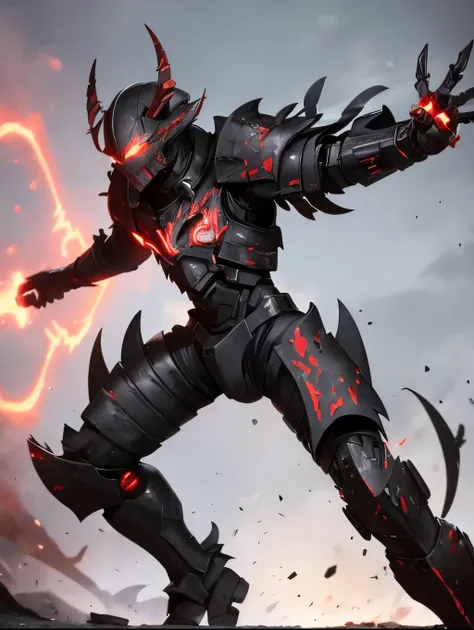 demon, alot of blood going around the place, Chain with darkness, Black smoke, black cool cyborg slim body fast armour, small drone flying around the armour, deadly double claws armour weapon, sci-fi looking armour. Speed thin but fast armour, thin, fastes...