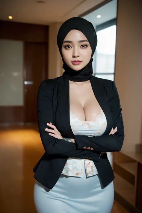 RAW, Best quality, high resolution, masterpiece: 1.3), (twice), woman in hijab, muslim, collorfull, Masterpiece, (Huge breasts), (gigantic breast), (massive brests), beutiful face, detail face, big gorgeous eyes, Soft smile, (girl in sexy suit, wearing a s...