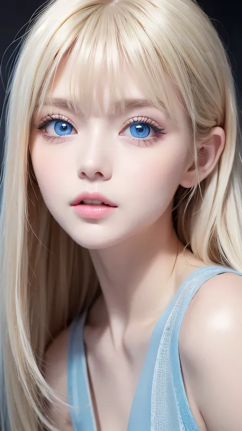1 Girl, very messy blonde hair, Super long beautiful blonde、Very beautiful super long shiny hair、Bangs between the eyes、bangs on the face、Very beautiful cute face、Very cute beautiful girl、Very white, shiny, radiant skin、solo、super high quality、Hard Focus、F...