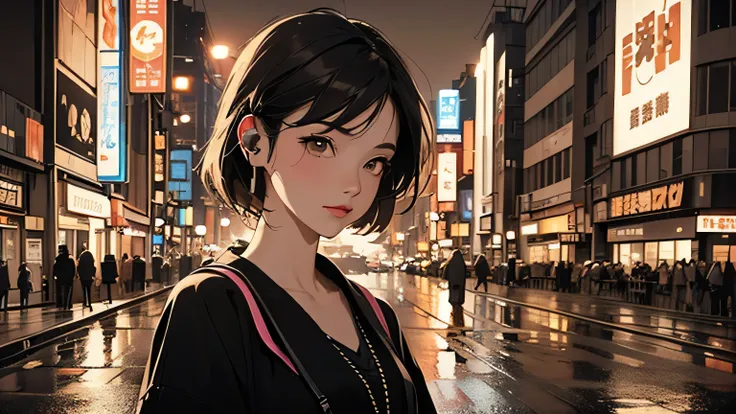 Retro night city, neon signs, road surface after rain, 80s fashion girl with headphones, sepia tone, soft light, nostalgia, urban night, 8-bit style pixel art elements, film grain effect　Tokyo Tower