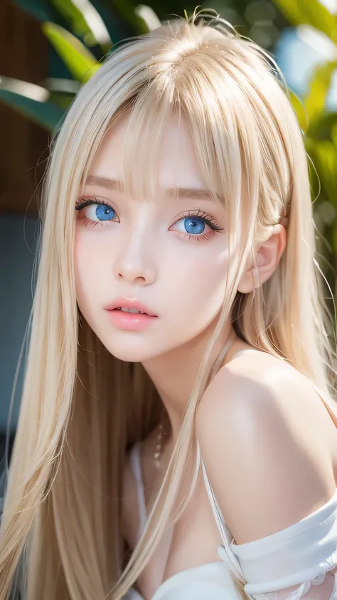 1 Girl, very messy blonde hair, Super long beautiful blonde、Very beautiful super long shiny hair、Bangs between the eyes、bangs on the face、Very beautiful cute face、Very cute beautiful girl、Very white, shiny, radiant skin、solo、super high quality、Hard Focus、F...