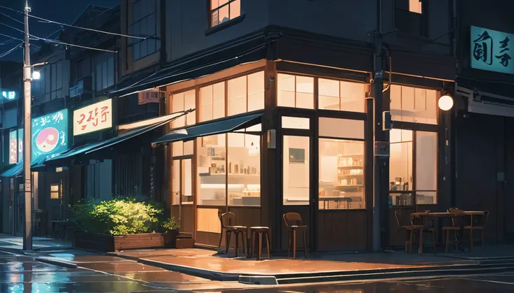 Generate an image of a deserted street at night with a lofi aesthetic coffee shop, highlighting the illuminated sign and the lamp posts in the background, makoto shinkai&#39;conceptual artwork, tumblr, magical realism, cute anime dinners, cloudy sky. por M...