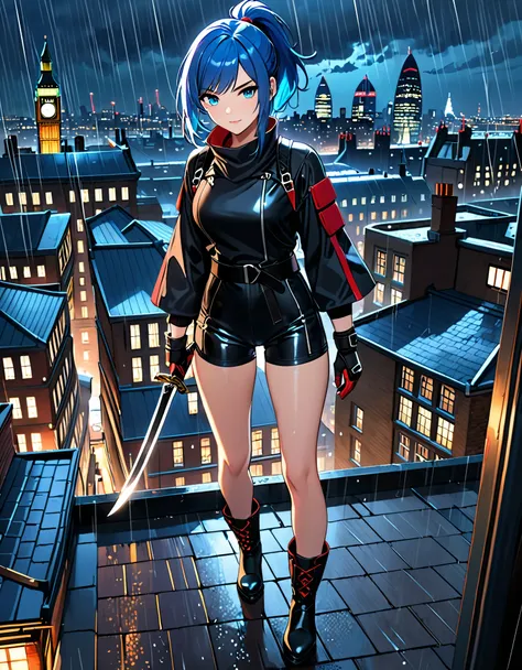 masterpiece, best quality, semi-realistic, solo, solo focus 1girl, blue hair, short hair, ponytail hair, cyan eyes, beautiful de...