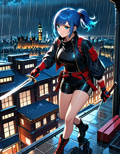 masterpiece, best quality, semi-realistic, solo, solo focus 1girl, blue hair, short hair, ponytail hair, cyan eyes, beautiful de...