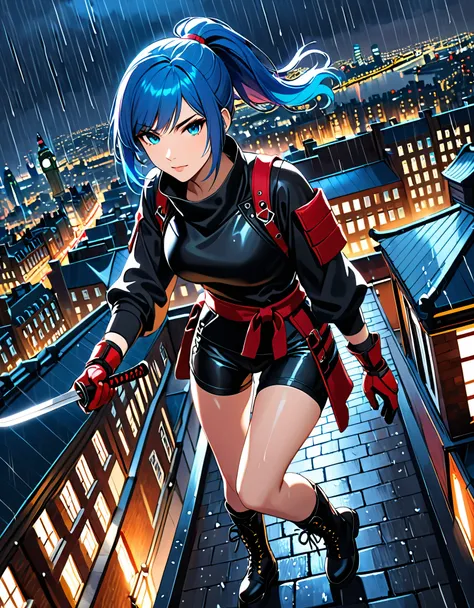 masterpiece, best quality, semi-realistic, solo, solo focus 1girl, blue hair, short hair, ponytail hair, cyan eyes, beautiful de...