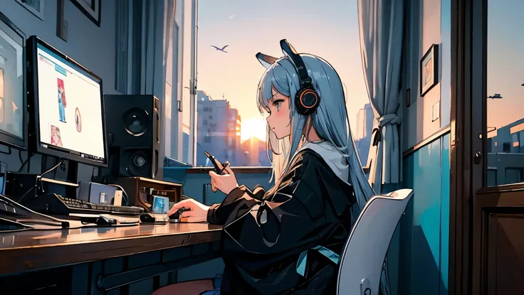 high resolution,high definition,high quality,girl playing games,gaming computer,erogeo art style, arte roffie, zero vibrations, ...