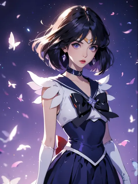 sailor saturn, 1 girl, black hair, short hair, purple eyes, detailed eyes, simple background, female focus, alone, Standing, Hotaru Tomoe, portrait, full body, (Masterpiece:1.0), (best quality:1.0) , (wallpaper 8k:1.0), (detailed beautiful face:1.0), (deta...