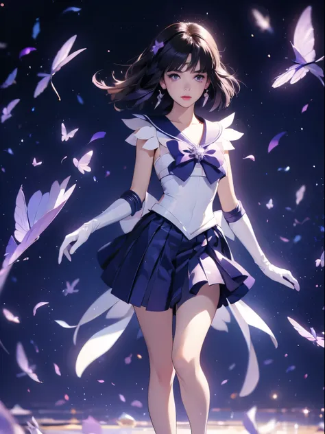 sailor saturn, 1 girl, black hair, short hair, purple eyes, detailed eyes, simple background, female focus, alone, Standing, Hotaru Tomoe, portrait, full body, (Masterpiece:1.0), (best quality:1.0) , (wallpaper 8k:1.0), (detailed beautiful face:1.0), (deta...