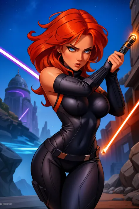 mara jade, is depicted wearing her sleek, black tactical suit, which accentuates her agility and strength. her orange hair is sh...