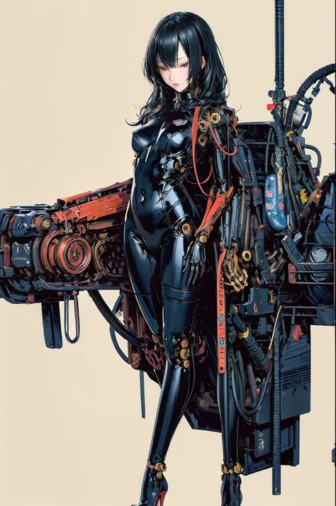 highest quality,masterpiece,ultra-high resolution,mechanical，cruel machine girl、karakuri doll、mixing tube、thin black latex suit,...