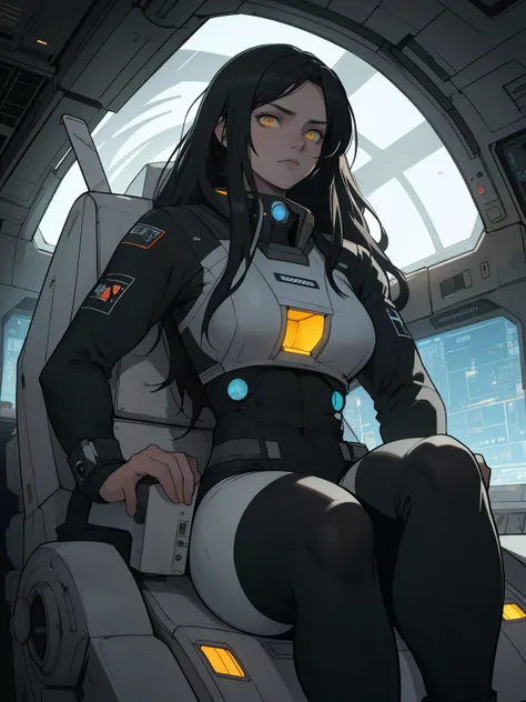 1girl solo black hair yellow eyes very long hair pale skin muscular muscular muscular muscular toned body huge muscles thick thighs girl messy hair leggings tight shirt long sleeves thick thick thick thick thick thick (piloting spaceship) (piloting spacesh...