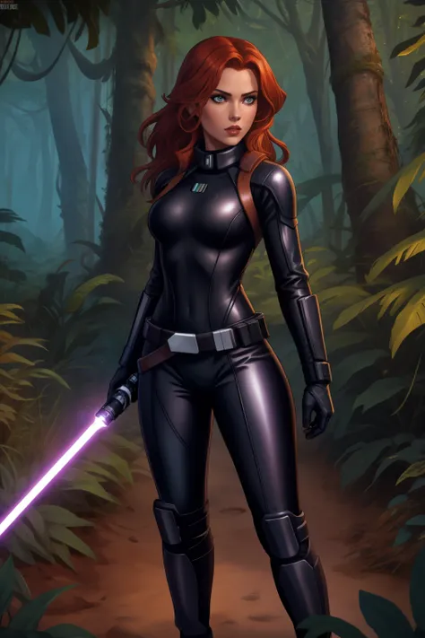 star wars based environment, mara jade, is depicted wearing her sleek, tight black leather suit. as she holds her purple lightsa...