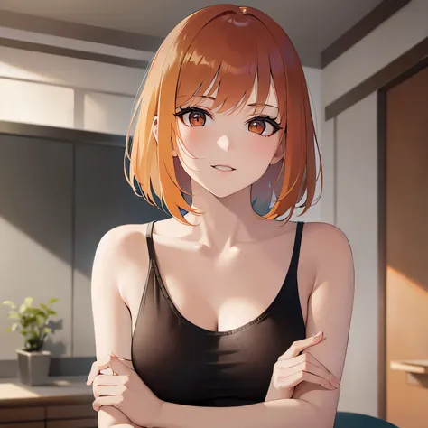 Upper Body, Realistic, real person, (pale skin: 1.2), RAW photo, photorealistic, shiny skin, shiny hair、(A 25-year-old woman with a bob cut and bangs) and (orange hair) and (Orange Eyes) , Wearing a white V-neck T-shirt ,evil smile, The background is the l...