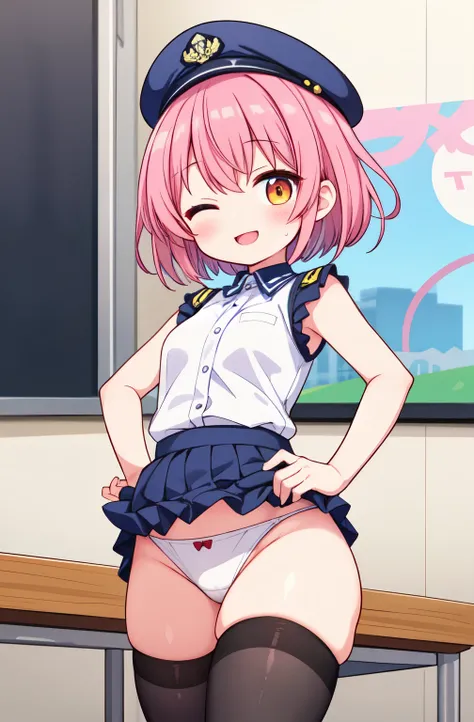 ((Table t○p, highest quality, Hi-Res Lucifer,Anime Screen Capture、Pixel perfect, 8k)))、nsfw、Perfect Anatomy、Female police officer、(((low length、Small breasts、Wide Hips、Wide hips、Thick thighs、Hands on Hips)))、(((Short Hair、Wavy Hair)))、Police Hat、(((オープンシャツ...