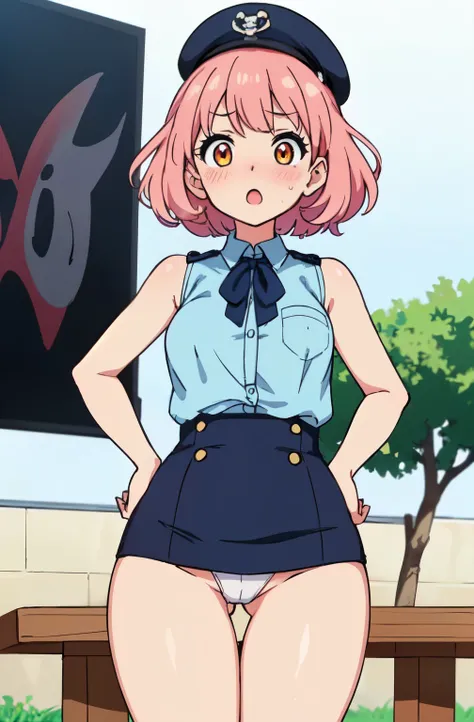 ((Table t○p, highest quality, Hi-Res Lucifer,Anime Screen Capture、Pixel perfect, 8k)))、nsfw、Perfect Anatomy、Female police officer、(((low length、Small breasts、Wide Hips、Wide hips、Thick thighs、Hands on Hips)))、(((Short Hair、Wavy Hair)))、Police Hat、(((シャツО、Sk...