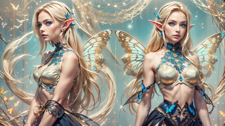 (Beautiful woman, detailed makeup, detailed facial features, Glowing blue eyes, seductive expression, blonde hair, large breasts:1.3, realistic elf ear, four fingers on each hand, detailed fingers, proportional hands, massive butterfly wings in the center ...