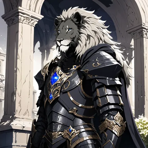 masterpiece, best quality, good quality, humanoid gray lion, Furry, a gray lush mane, scar on right eye, black armor, Combat armor, A lot of growth, black fur cape, Fantasy aesthetics, Highly detailed, shadowverse style