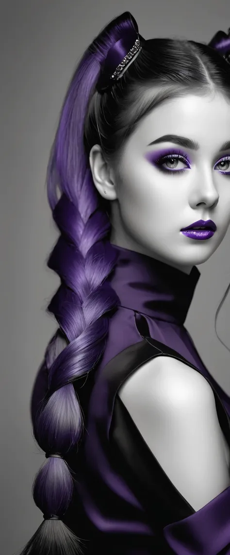 ((Monochrome, Photo noire et violet)), Sublime femme avec deux très longues queues de cheval de chaque côté, double queues de cheval, double twin ponytails, twin tails, Lèvres détaillées, Yeux détaillés, regard intense, cils détaillés, visage détaillé, lon...